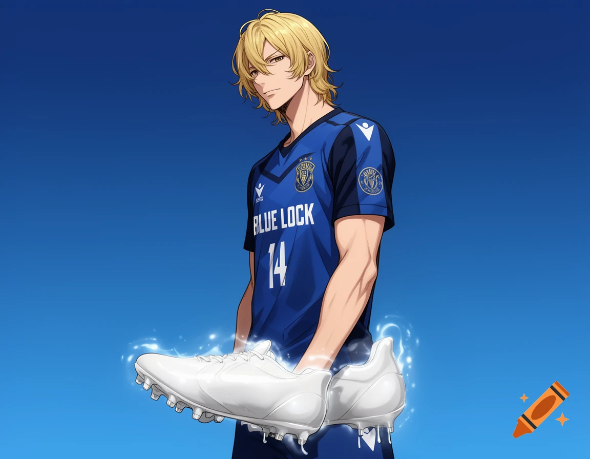 An anime man with blonde hair in a blue soccer jersey holds glowing white soccer cleats against a blue background.