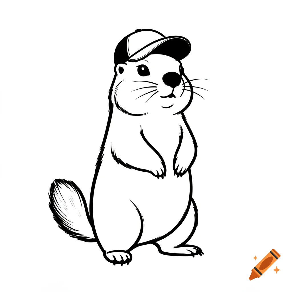 A cartoon black and white marmot stands upright, wearing a baseball cap.