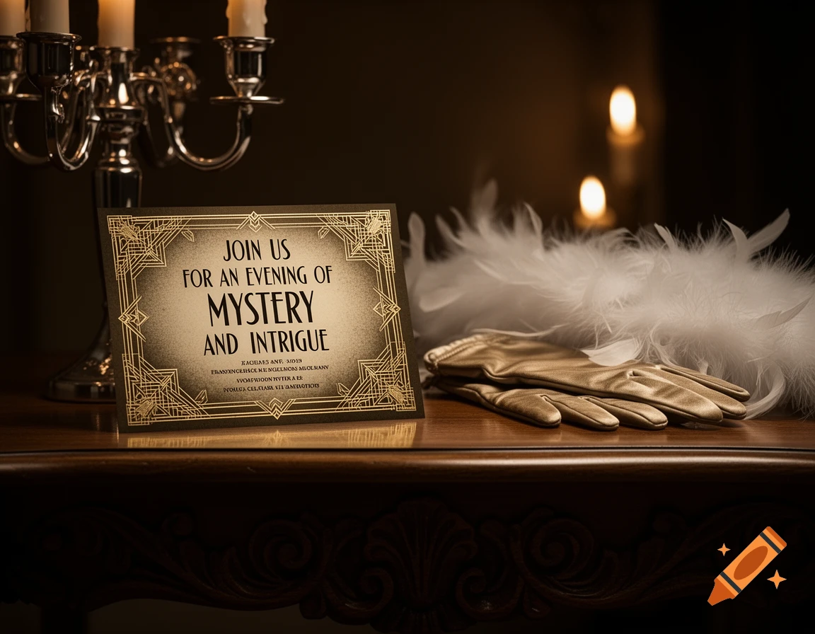 A 1920s-style invitation card for a mystery evening, with golden gloves, white feathers, and a candelabra on a dark wooden table.
