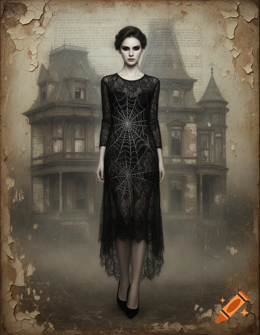 A woman in a black lace spiderweb dress stands before a haunted Victorian mansion, with a distressed, parchment-like background.