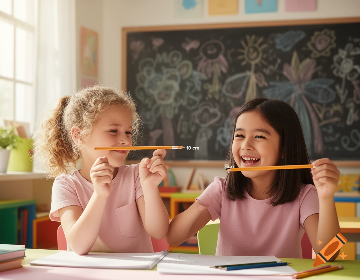 Two smiling girls in a classroom compare the lengths of their pencils, one marked "10 cm" and the other "8 cm".