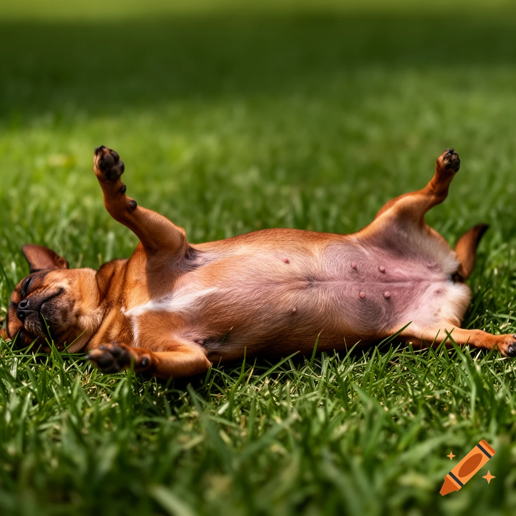 A brown chihuahua mix dog lies on its back in green grass, belly up, enjoying the sun.