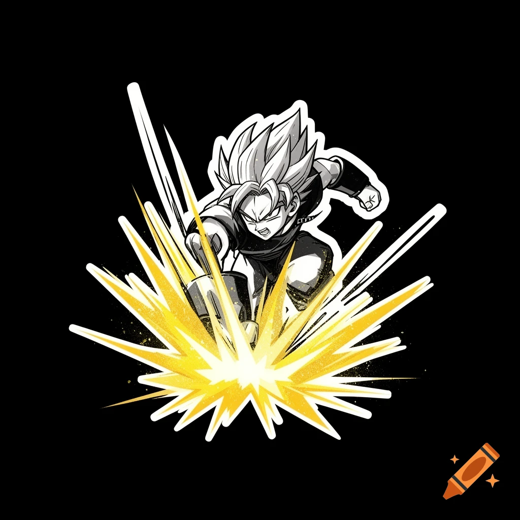 A cel-shaded anime character with spiky blonde hair, resembling Goku, performs a dynamic down smashing attack with a yellow energy blast on a black background.