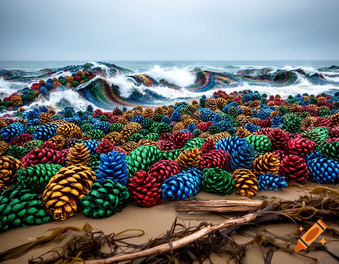 A surreal beach scene with ocean waves and the sandy shore covered in thousands of brightly colored pinecones.
