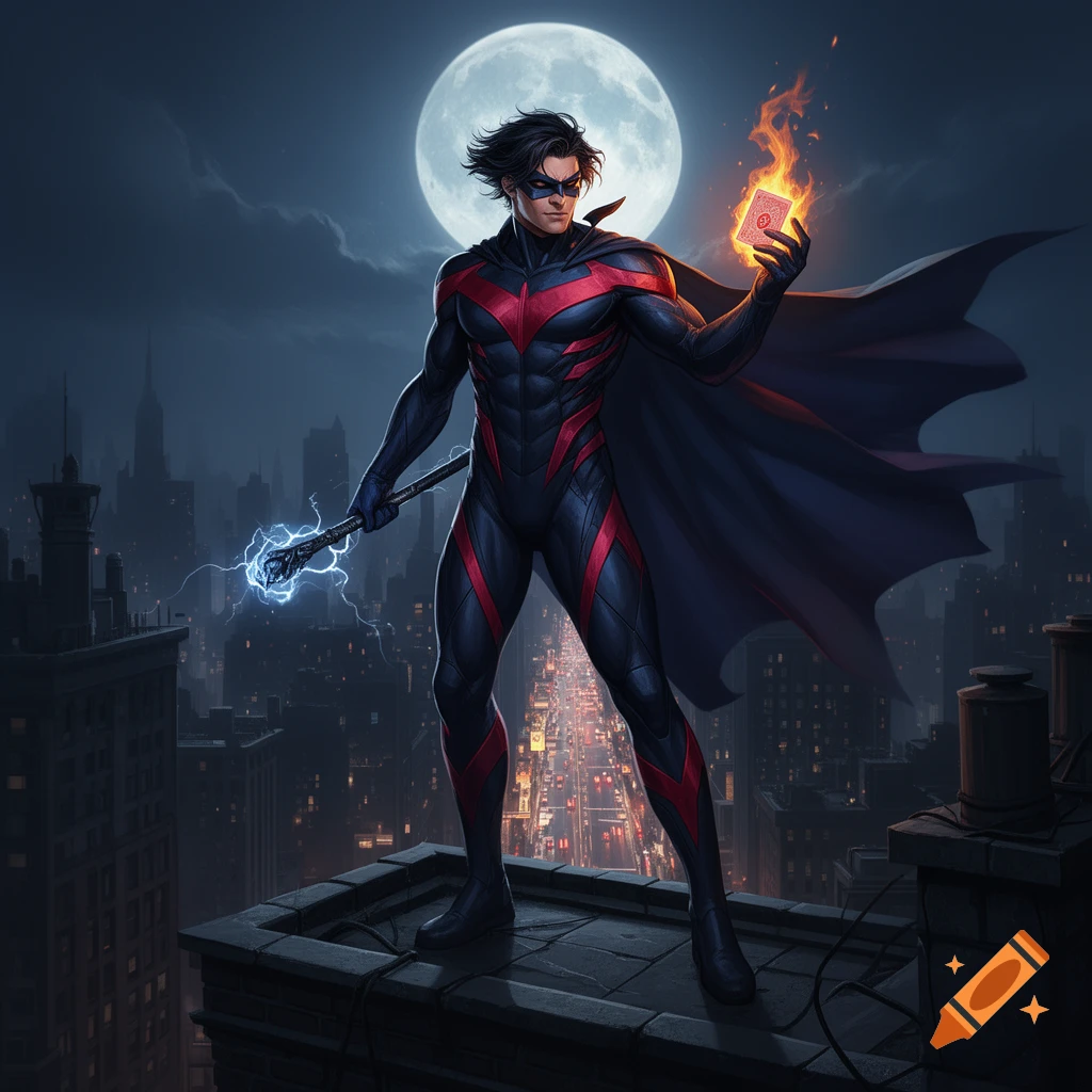 A superhero in a black and red suit with a cape stands on a rooftop at night, holding an electrified staff and a flaming playing card.