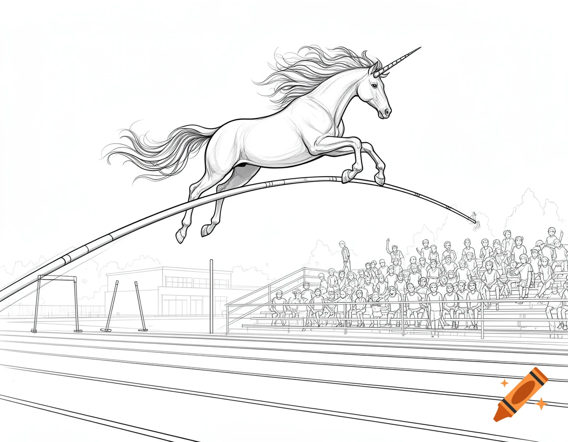 Line art of a unicorn pole vaulting over a high bar at a track event, with spectators in the background.