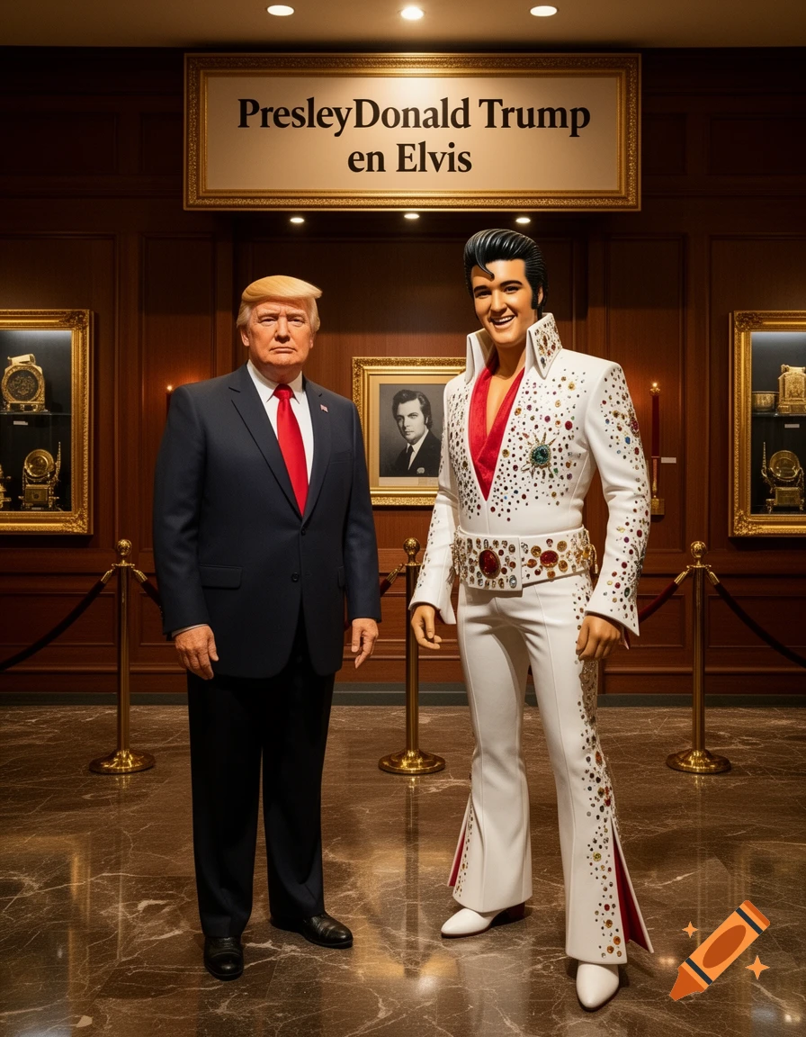 Donald Trump in a suit stands next to an Elvis Presley-like figure in a white jumpsuit in a formal hall with a sign above, photorealistic.