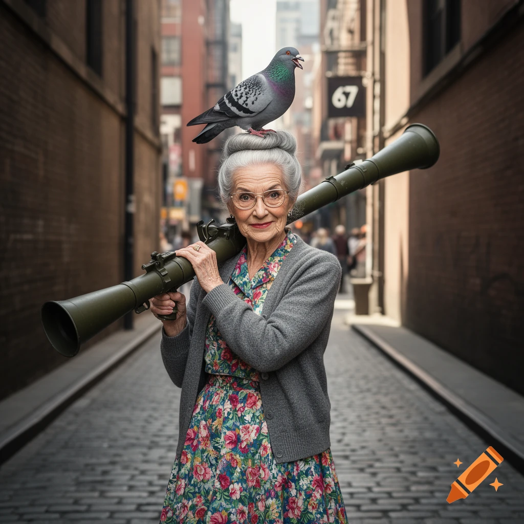 A smiling elderly woman with a pigeon on her head holds a bazooka in a cobblestone city alley. Photorealistic.