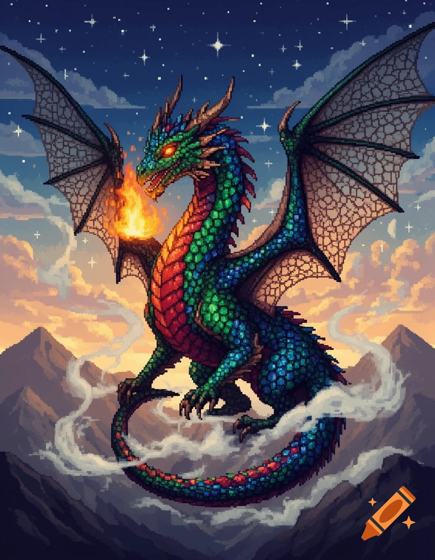 A vibrant pixel art dragon with green and blue scales breathes fire while perched on clouds above mountains at dusk, under a starry sky.