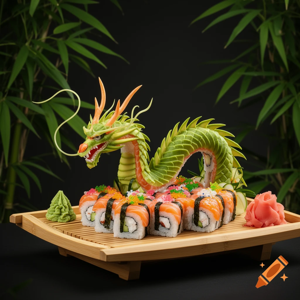 A vibrant sushi dragon, made from rolls and avocado scales, sits on a bamboo platter with wasabi and ginger, against a dark background with bamboo leaves.