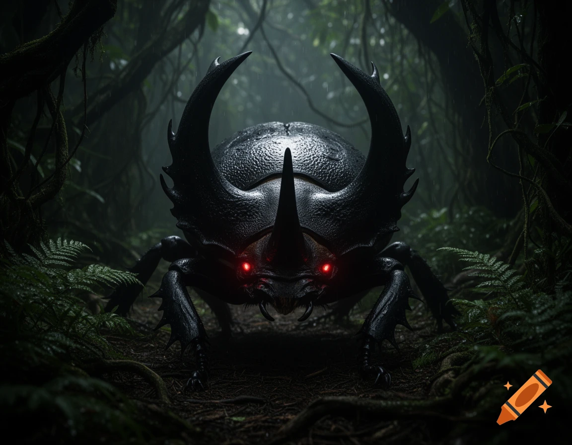 A dark, menacing giant rhino beetle with glowing red eyes stands in a misty, overgrown jungle, depicted in a photorealistic style.