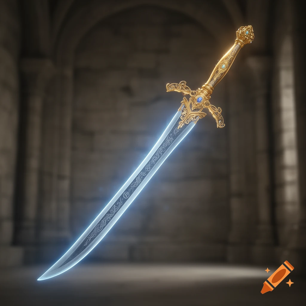 A glowing blue magic sword with an ornate golden hilt and blue gems, set against a dark, ancient stone archway.
