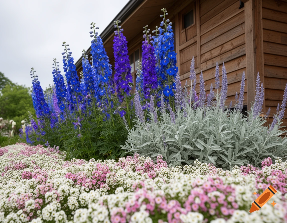 Vibrant blue and purple delphiniums, light purple Russian sage, and a carpet of pink and white sweet alyssum in front of a wooden house.