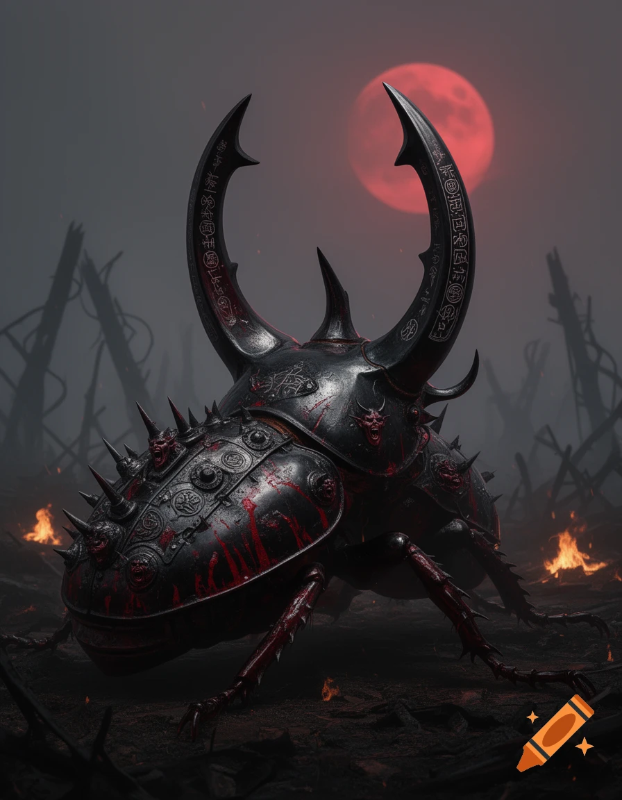 An armored rhinoceros beetle demon with spiked plating and curved horns, standing in a dark, desolate landscape under a red moon.