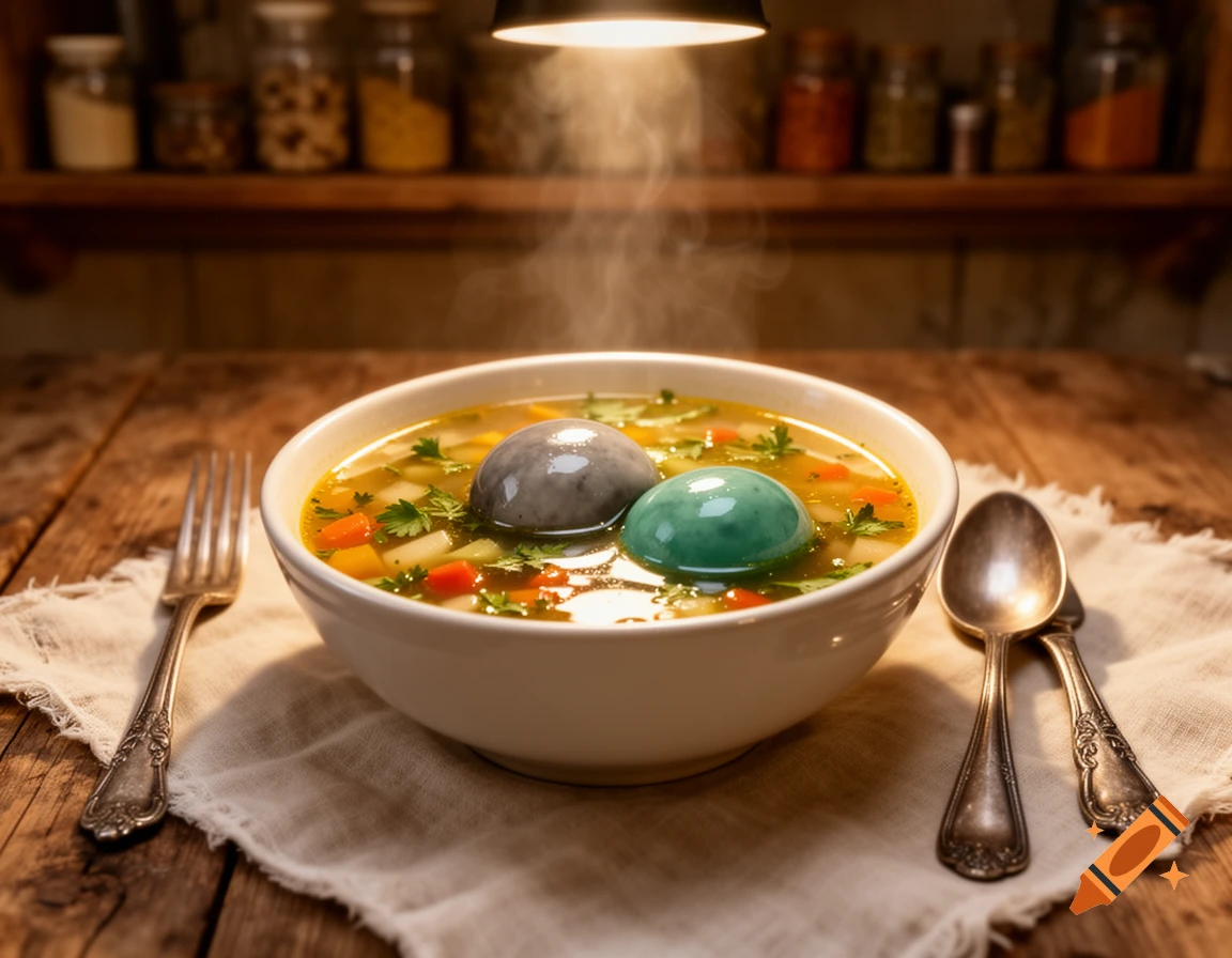 A rustic bowl of steaming soup with vegetables and two large, smooth, egg-like spheres, one grey and one teal, on a wooden table.