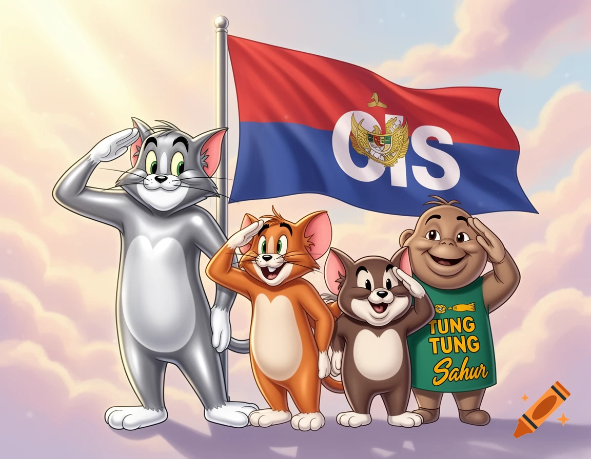 Tom, two other cats, and a human-like character salute a red and blue flag with 'CIS' and an emblem. The human wears a green shirt that says 'TUNG TUNG TUNG Sahur'.