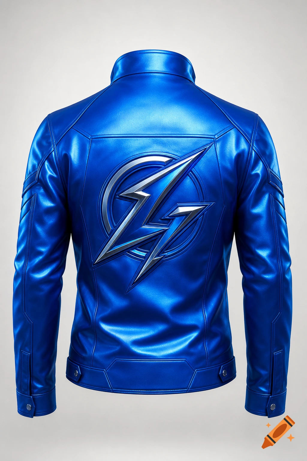 A back view of a shiny electric blue leather jacket featuring a metallic silver lightning bolt emblem on the back.