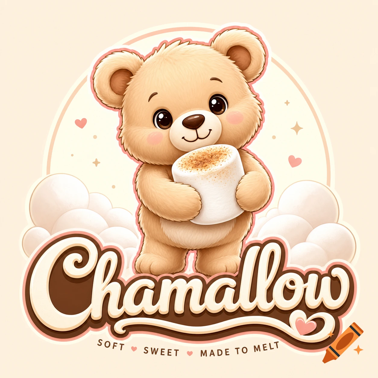 A cute cartoon bear mascot holds a marshmallow in a logo with 'Chamallow' and text 'Soft, Sweet, Made to Melt'.