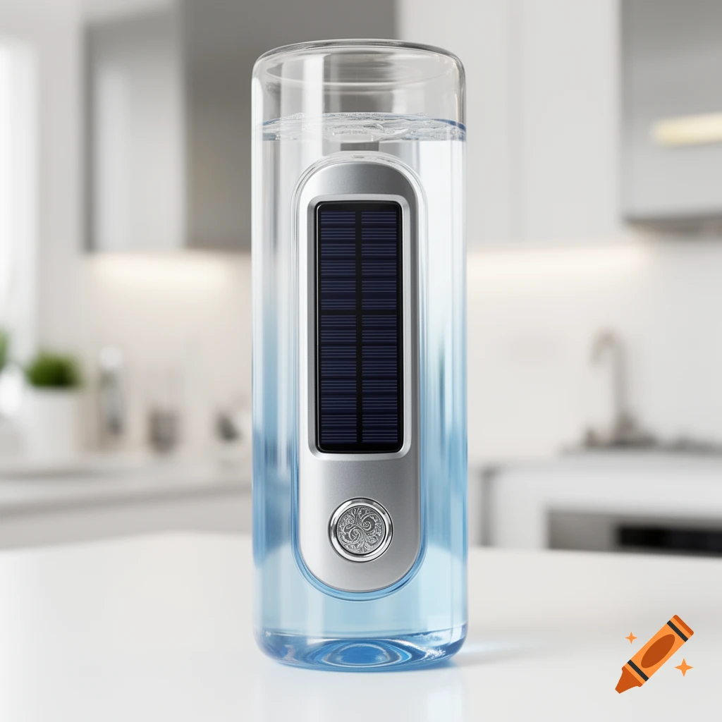 A clear drink bottle with a solar panel and a circular button, filled with water, sitting on a counter in a modern kitchen.