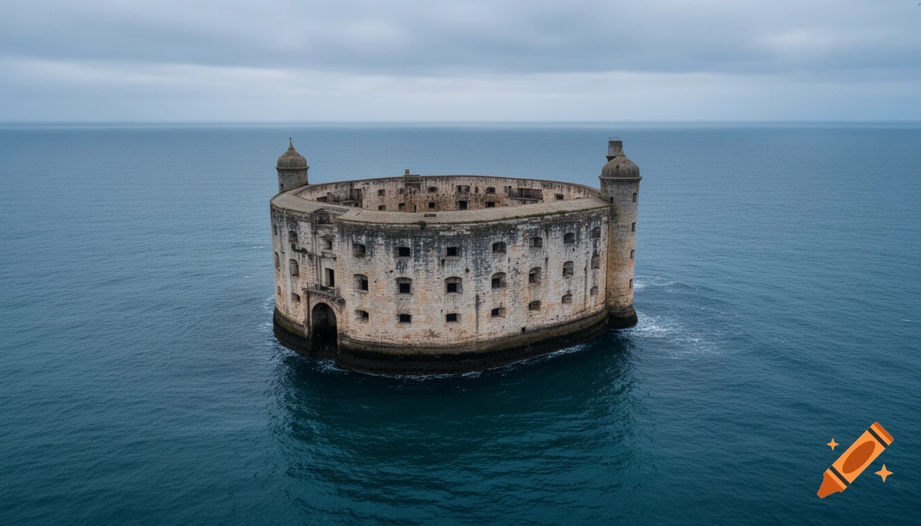 A circular stone fort with two turrets, known as Fort Boyard, stands isolated in the vast blue ocean under a cloudy sky.