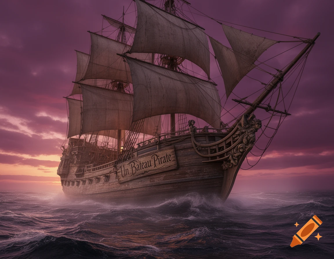 A detailed pirate ship with sails unfurled navigates a turbulent dark ocean under a dramatic purple and orange sunset sky.