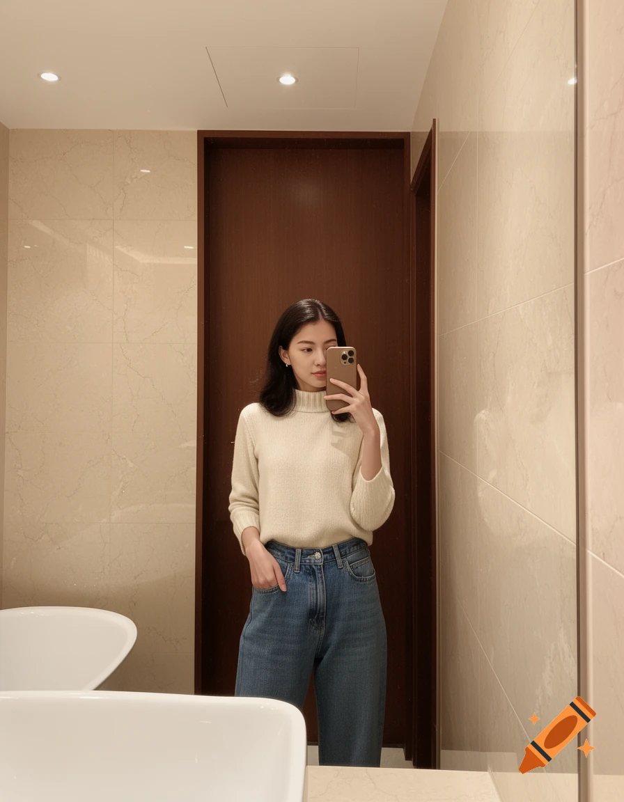A woman in a cream sweater and jeans takes a mirror selfie in a modern bathroom with marble walls and a white sink.