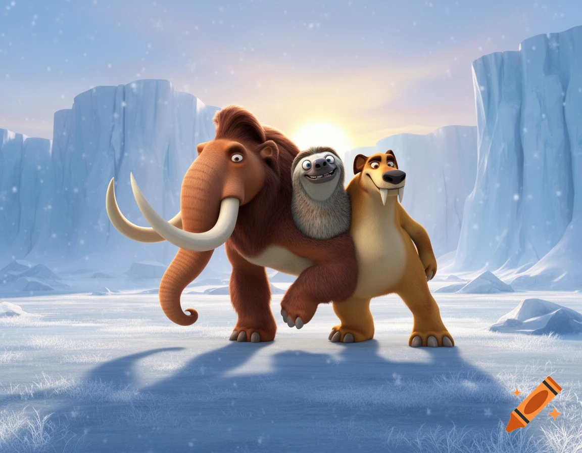Manny the mammoth, Sid the sloth, and Diego the sabertooth tiger stand in a snowy landscape with ice cliffs and a sunrise.