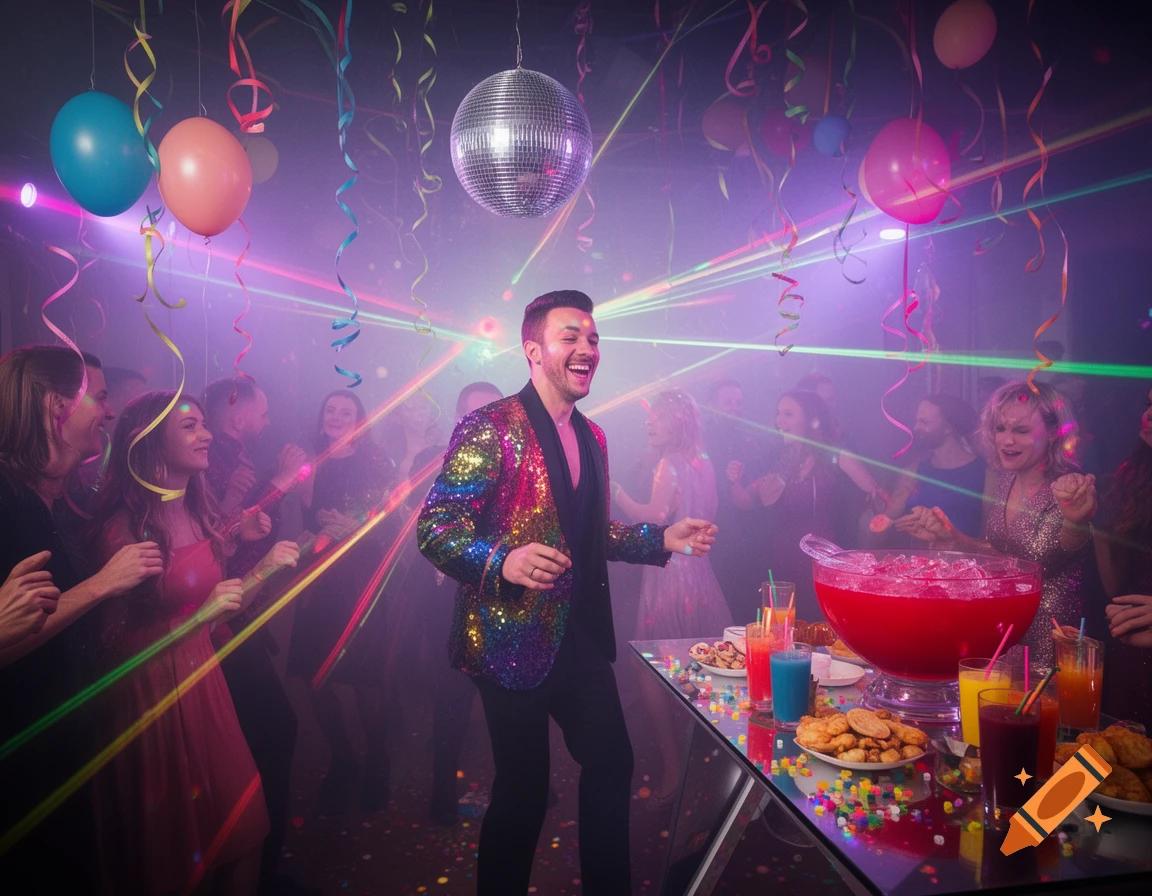 A man in a rainbow sequined jacket laughs and dances at a vibrant party with laser lights, a disco ball, balloons, and a punch bowl.