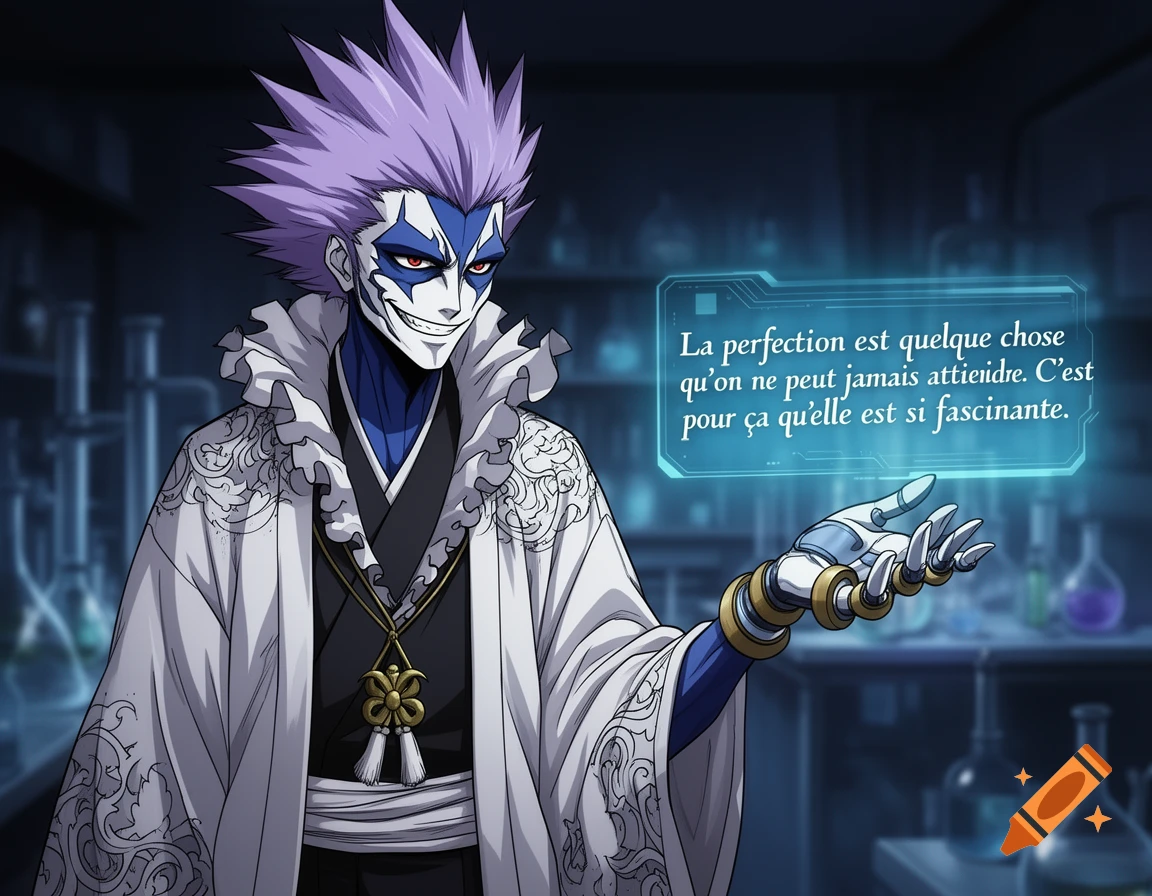 Anime character Mayuri Kurotsuchi in a lab, with a prosthetic hand displaying a holographic text in French.