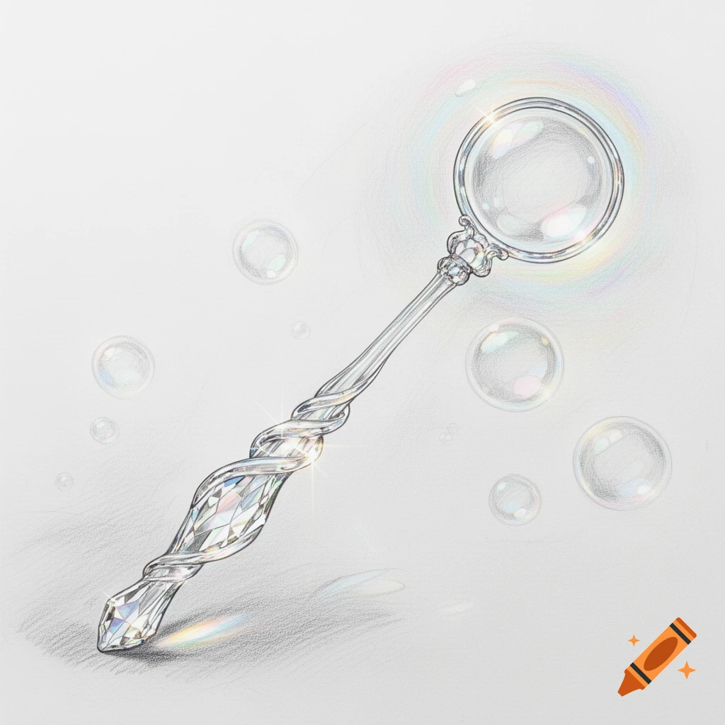 Sketch of an iridescent crystalline bubble wand with a twisted handle and floating bubbles.