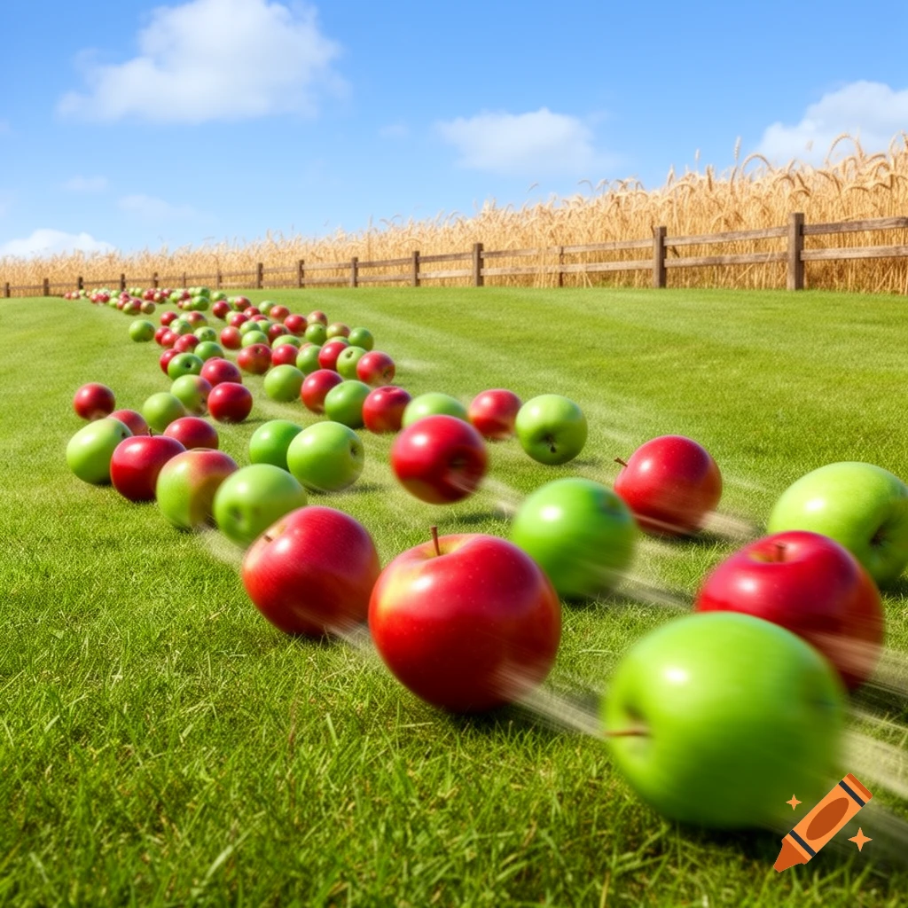 A long line of red and green apples with motion blur rolls down a green grassy hill under a bright blue sky, next to a wheat field.