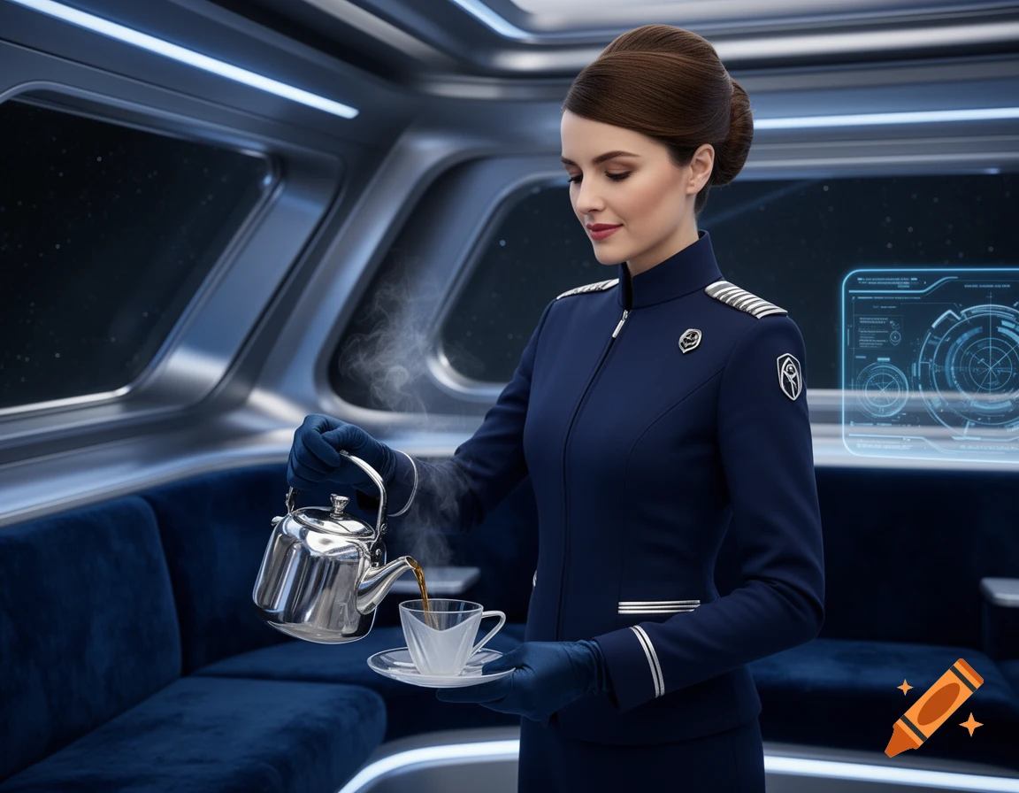 A sophisticated stewardess in a futuristic spaceship pours tea from a silver teapot into a cup, with stars visible outside.