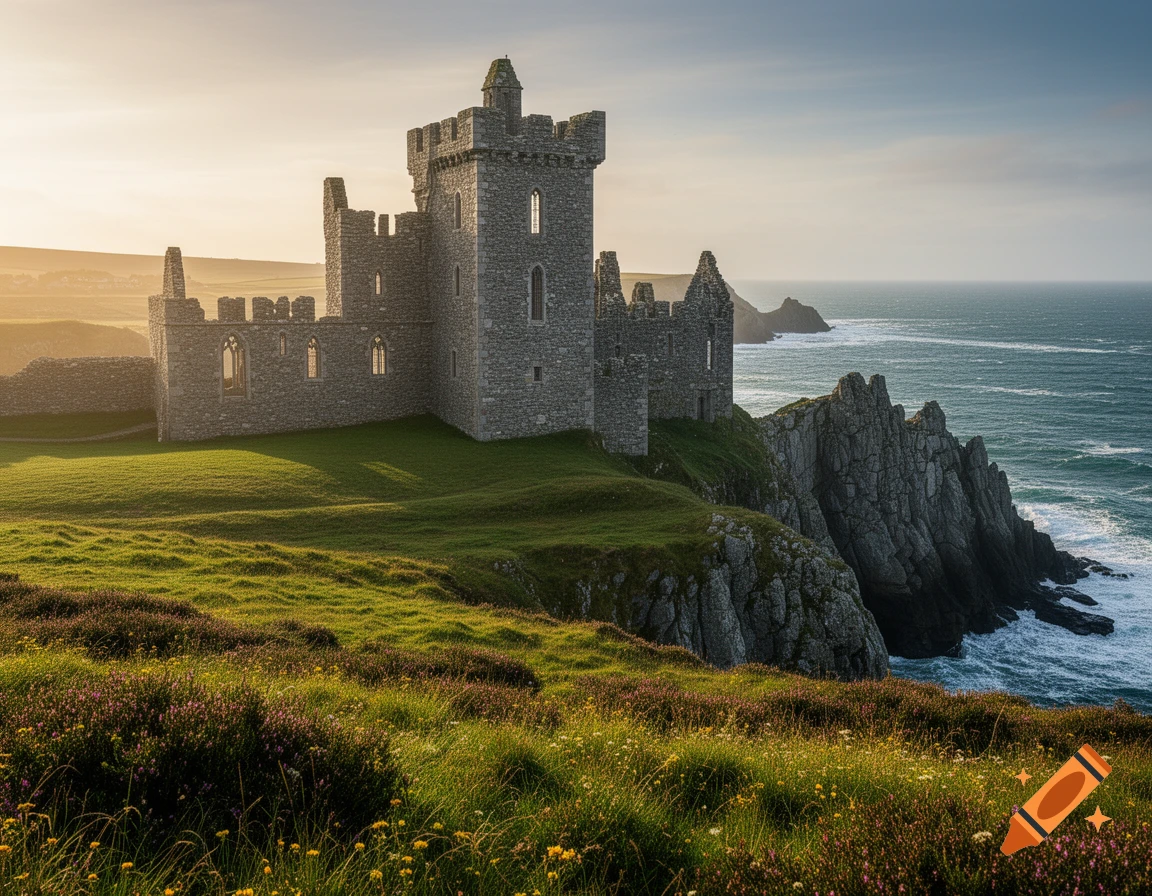 Photorealistic stone castle ruins on a grassy cliff overlooking a blue sea with wildflowers at sunset.