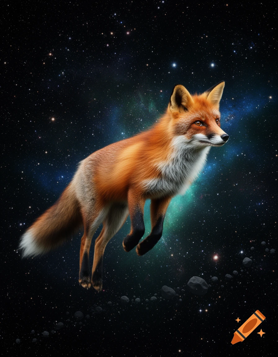 A photorealistic red fox with white underparts floats through deep space amidst stars, green and blue nebulae, and asteroids.