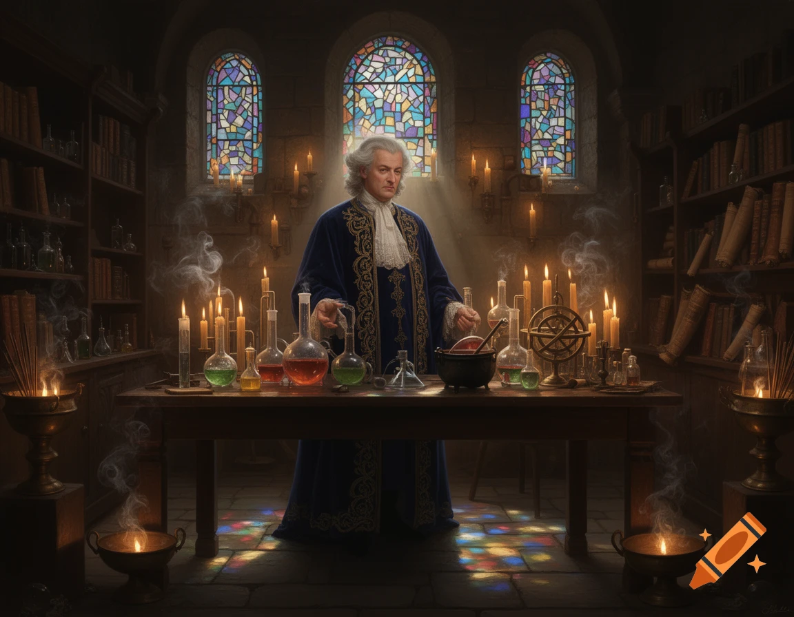 Cagliostro, an alchemist, stands in his candlelit laboratory filled with bubbling beakers, books, and colorful stained-glass windows.