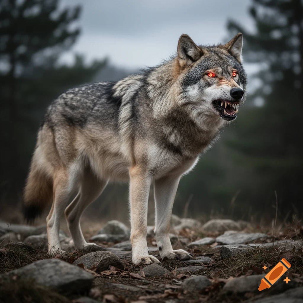 A photorealistic wolf with glowing red eyes snarls, standing on a rocky forest floor with trees in the foggy background.