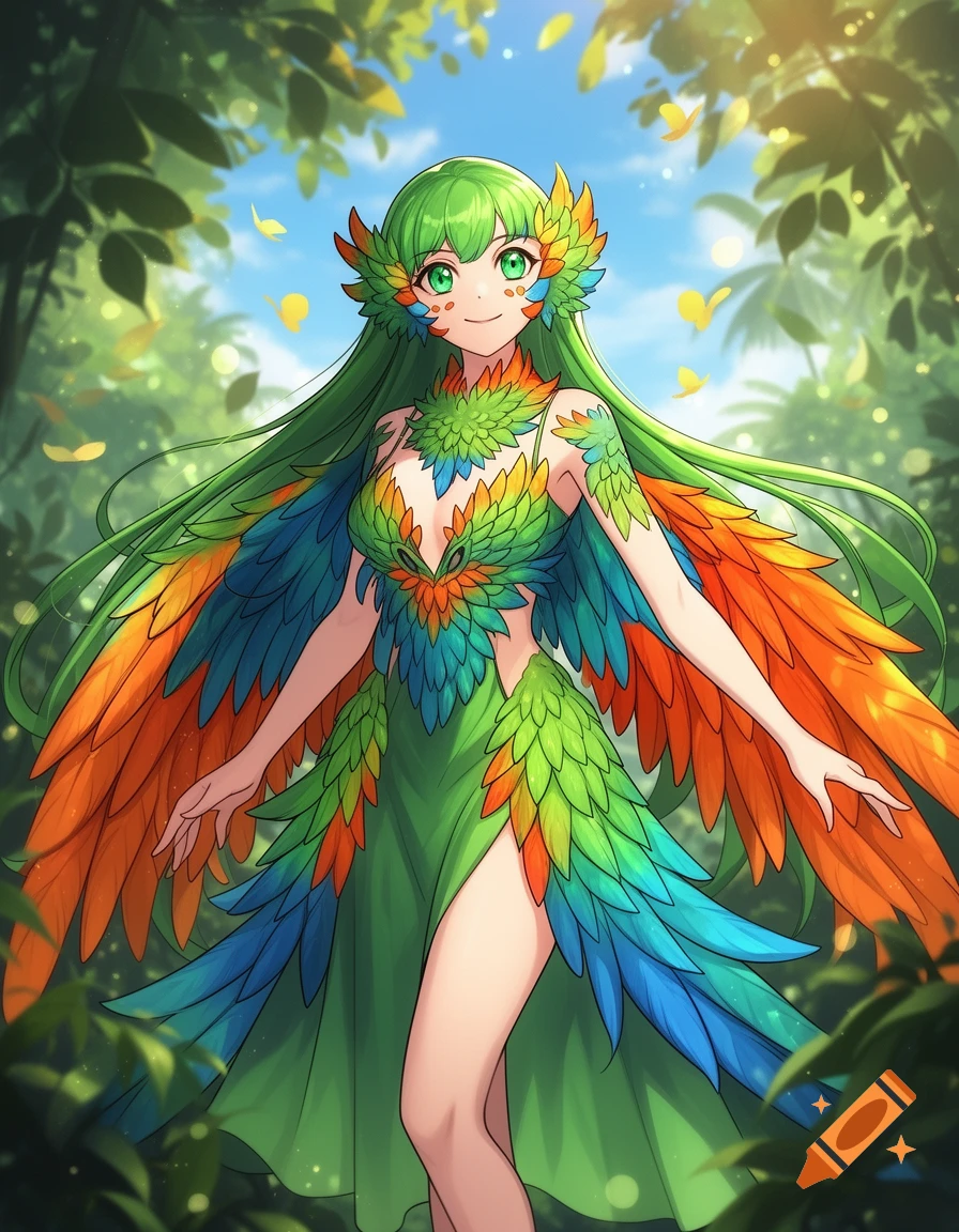 An anime woman with green hair and eyes wears an elaborate dress of green, blue, and orange parrot feathers, standing in a lush jungle.