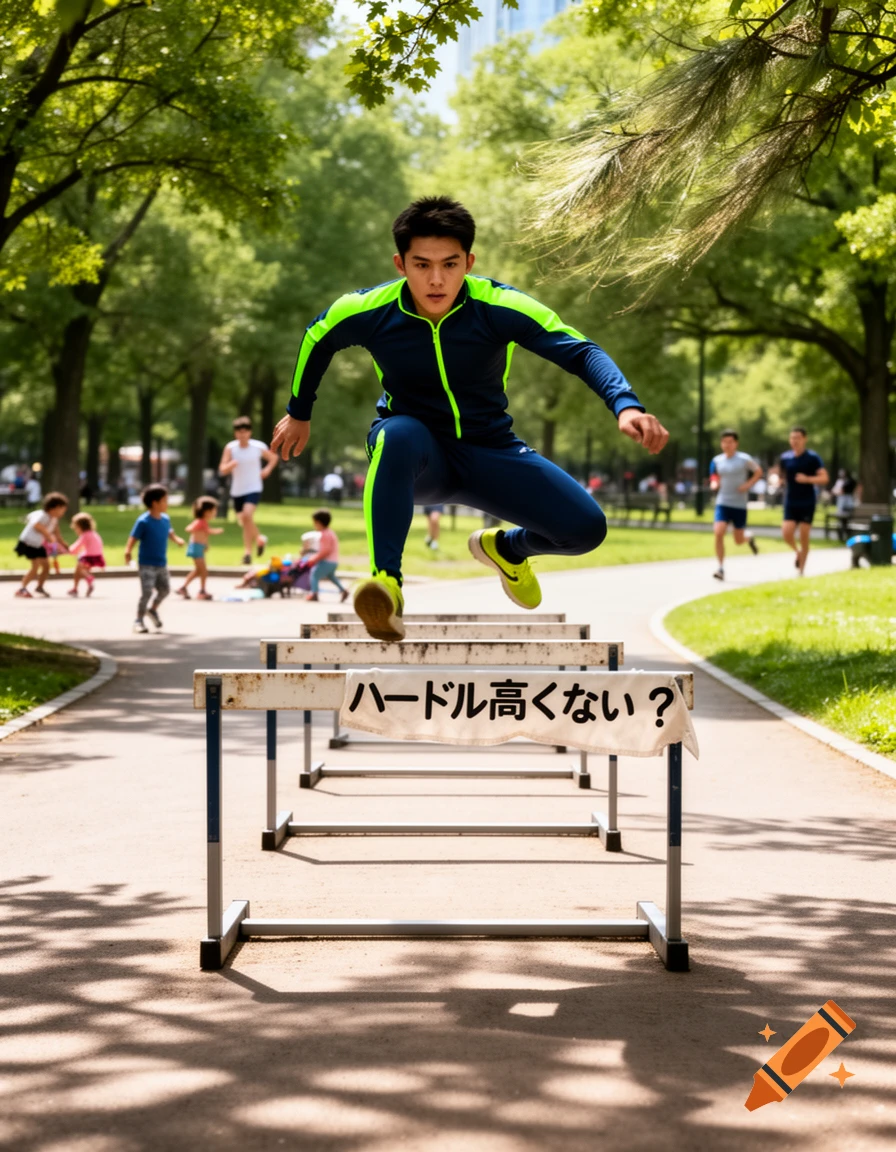 A man in a blue and neon green tracksuit jumps over a hurdle with Japanese text in a sunny park.