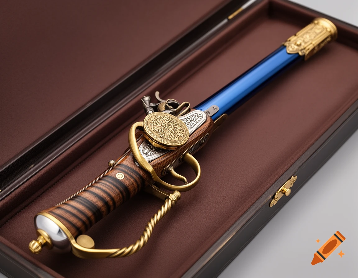 An ornate rapier-pistol with a blue barrel, gilded bronze, and striped wooden grip in a velvet-lined display case.