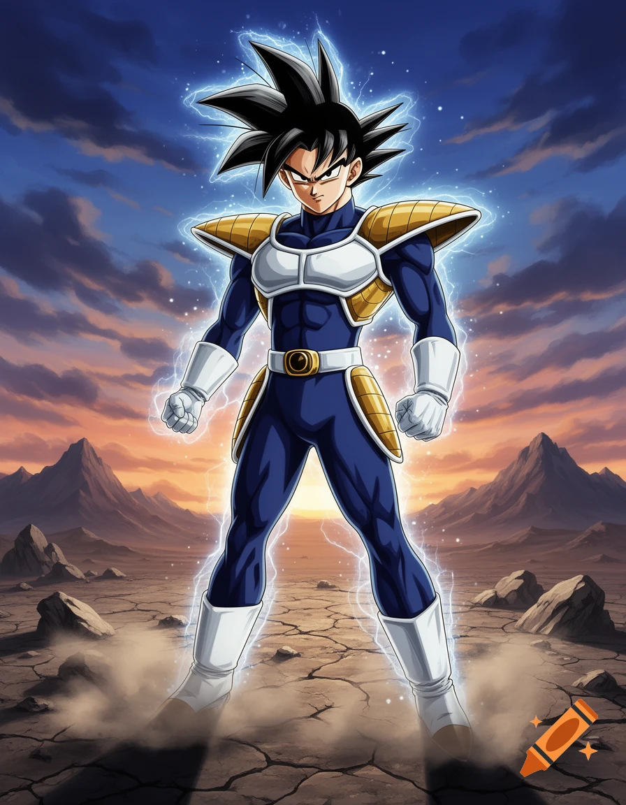 A male anime character with spiky black hair, wearing blue and white Saiyan battle armor with gold shoulder pads, stands amidst lightning in a barren, cracked desert with mountains at sunset.