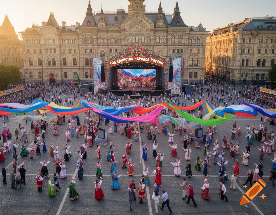A large crowd of people in traditional costumes dance in a city square during a festival, with a grand building and stage in the background.