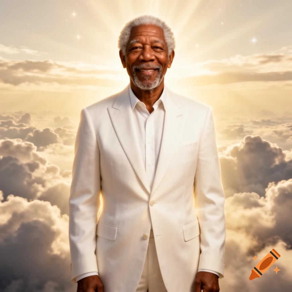 Photorealistic image of Morgan Freeman in a white suit smiling, standing in a bright, cloudy sky with sunbeams.