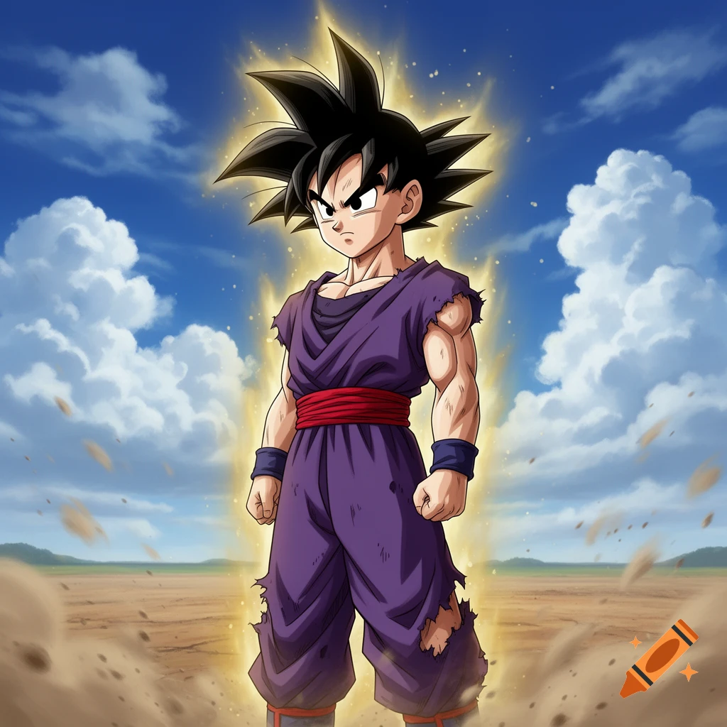 Anime style Gohan from Dragon Ball Z stands powered up with a golden aura in a desert under a blue sky.