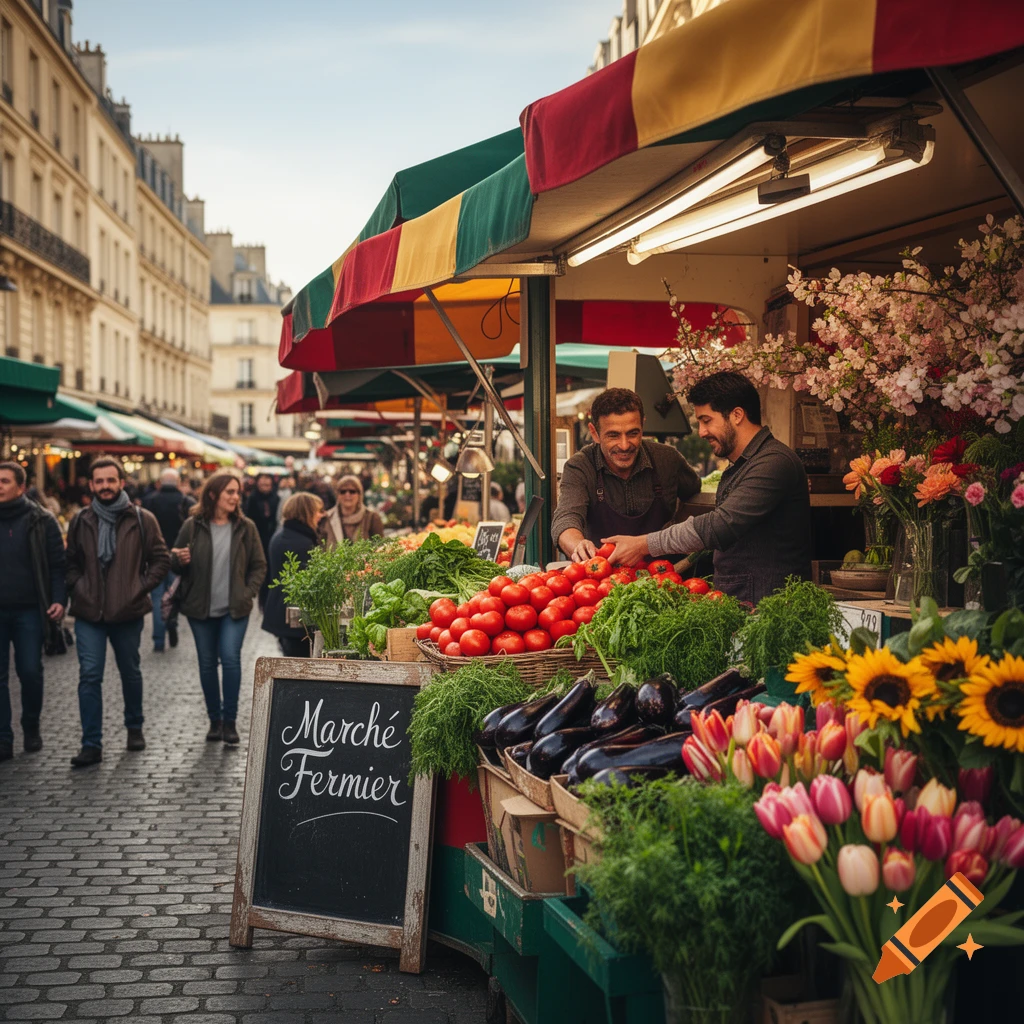 A bustling photorealistic farmer's market with vendors selling fresh produce and flowers, and people walking on a cobblestone street.