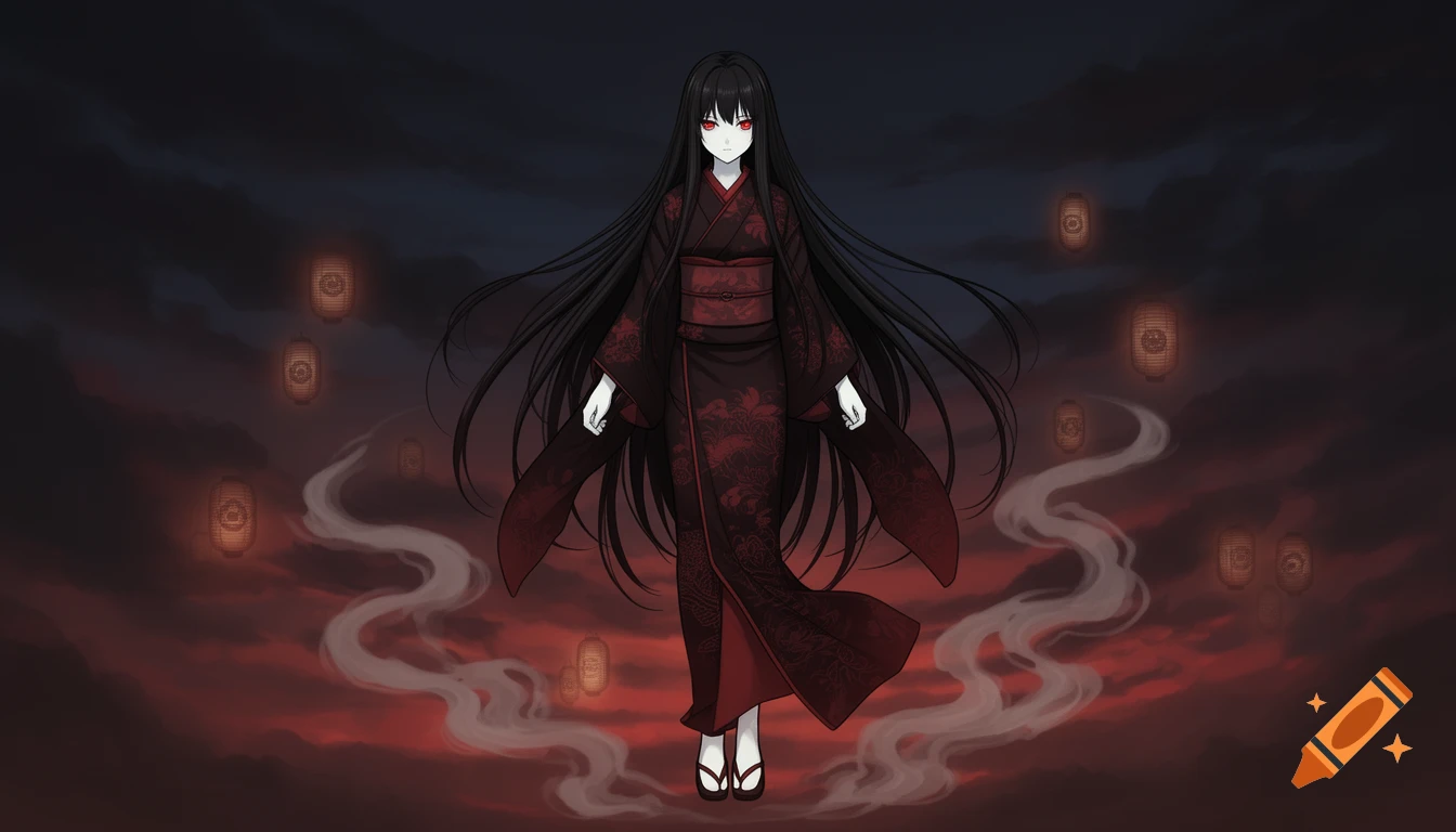 An anime girl with long black hair and red eyes wears a black and red ...