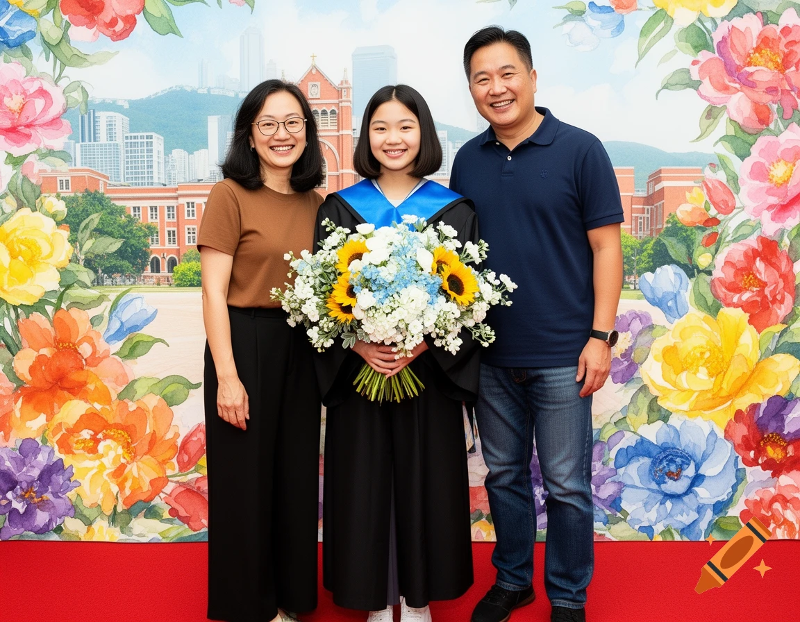 Family stands on a red carpet in front of a watercolor floral backdrop, celebrating a daughter's graduation.
