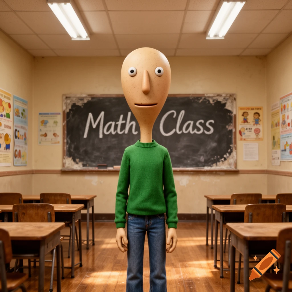 A 3D animated character resembling Baldi from Baldi's Basics stands in a classroom with "Math Class" on the blackboard.