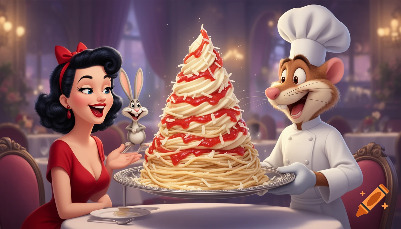 A smiling woman and a cartoon rabbit watch a chef mouse present a towering mound of spaghetti with red sauce and white sprinkles on a silver platter in a fancy restaurant.