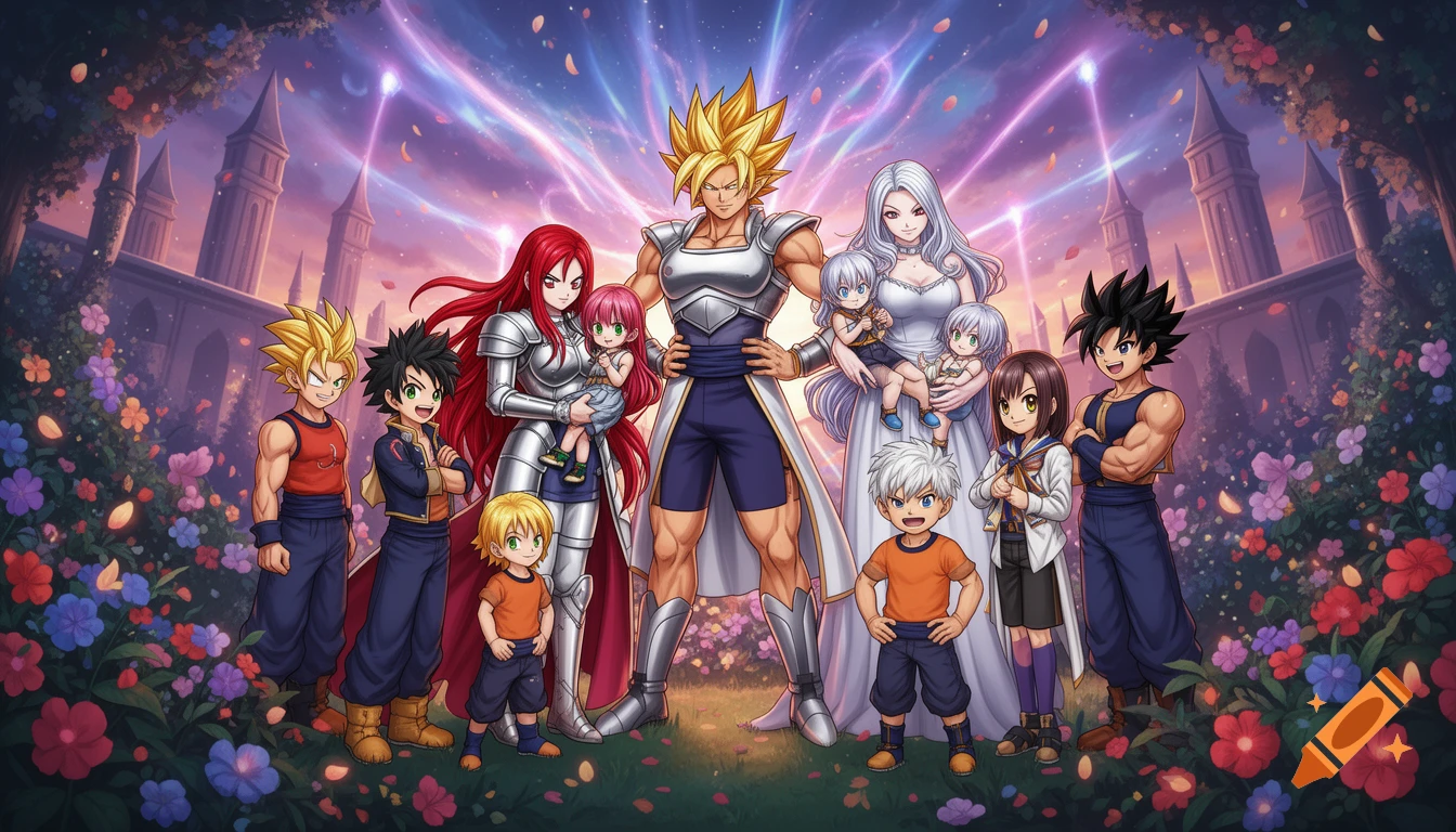 Anime fantasy family portrait: Shallot, Erza, Mirajane, and their children pose in a vibrant garden with castles and glowing energy.