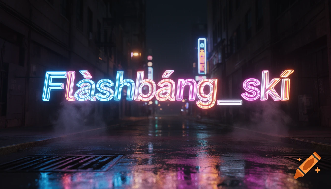 Neon sign displaying 'Flàshbáng_skí' in a dark, wet cityscape at night with reflections.